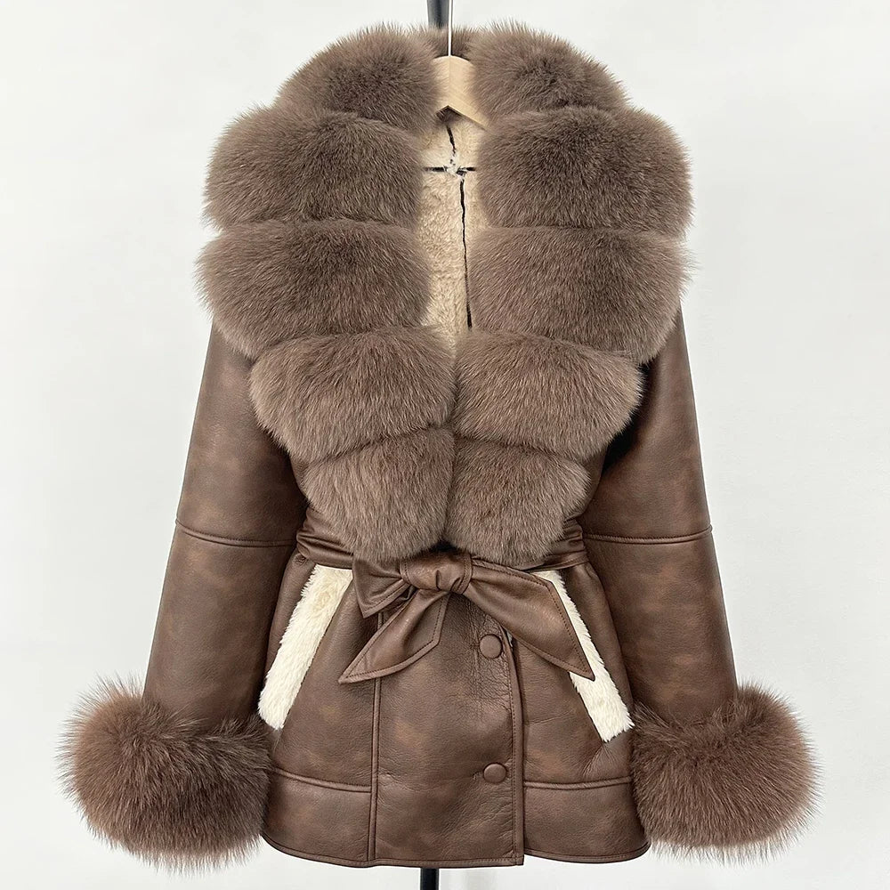 OFTBUY Real Fox Fur Jacket Lamb Fur Ladies 2025 Large Fur Coat Women Faux Leather Jacket New Autumn Winter Warm Outwear Tops