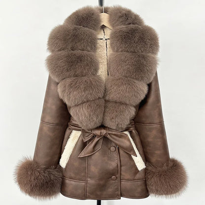 OFTBUY Real Fox Fur Jacket Lamb Fur Ladies 2025 Large Fur Coat Women Faux Leather Jacket New Autumn Winter Warm Outwear Tops