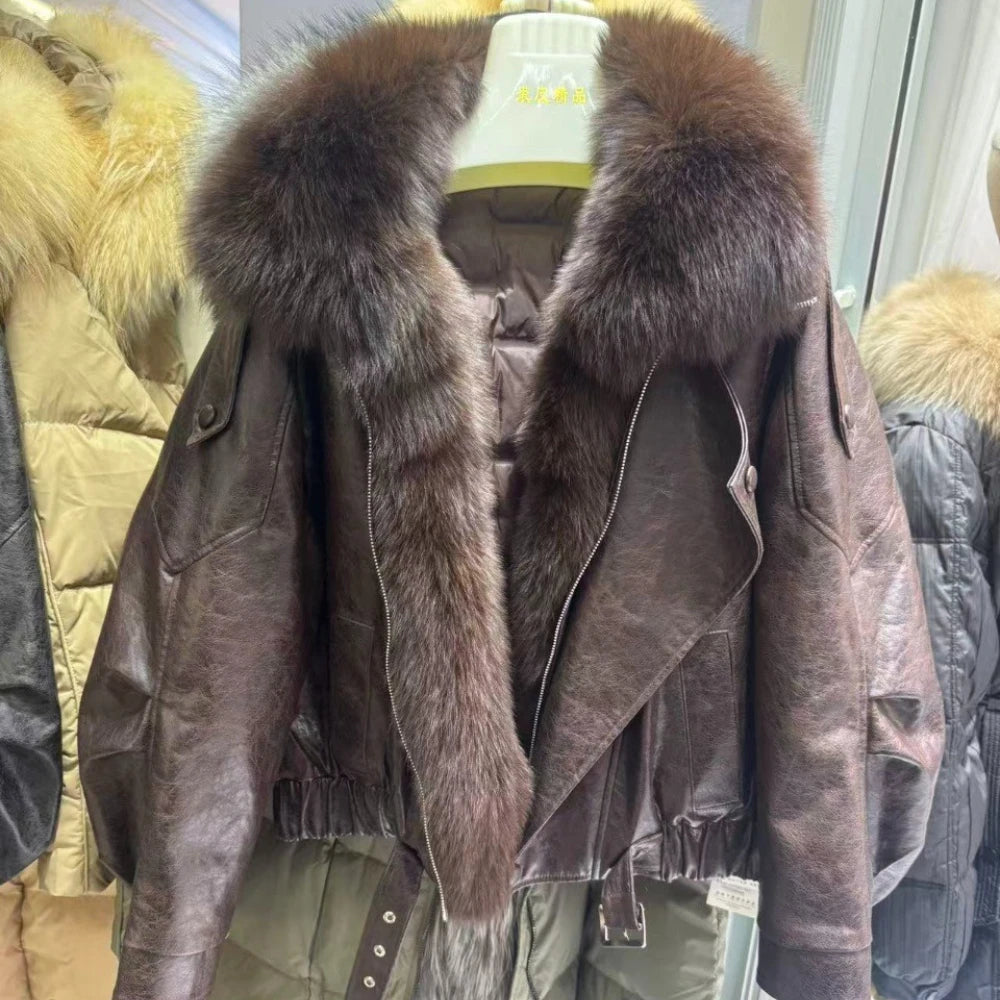 OFTBUY Women's Detachable Real Fox Fur Collar Goose Down Jacket New Winter Top Clothes Oil Wax Faux Leather Puffer Coat Female