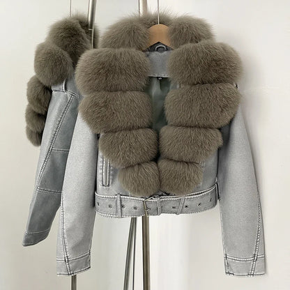 Fake Leather Coat New Natural Fox Fur Autumn Short Faux Leather Jacket Female Spring PU Women Long Sleeve Real Fur Coat Thin