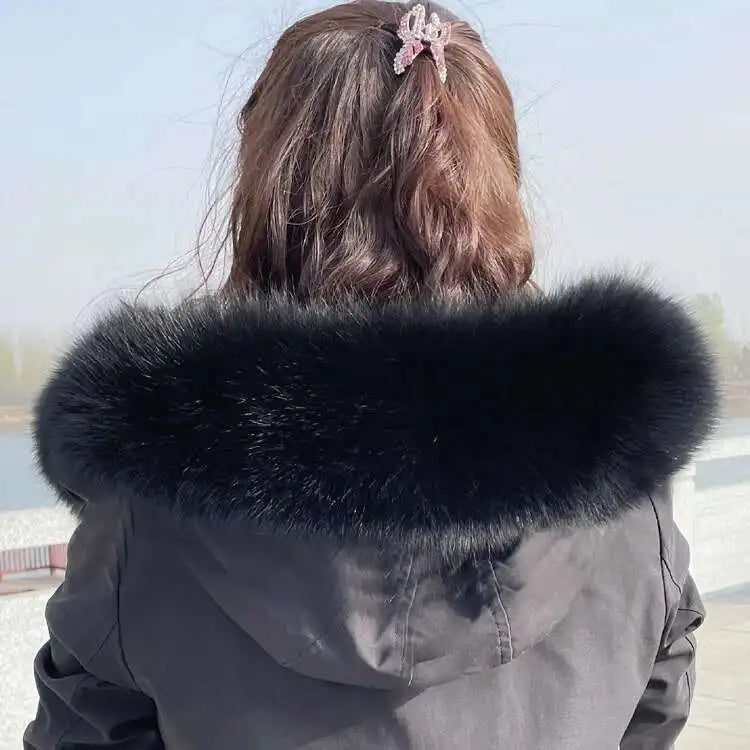 Winter Fox Fur Collar Women Real Fur Shawls Scarf Warm Genuine Leather Grass Down Jacket Cotton-padded Jacket Hood Trims Decor
