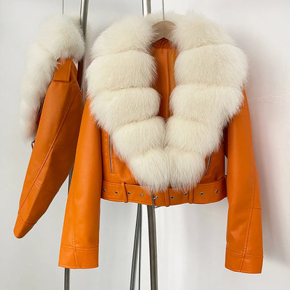 Fake Leather Coat New Natural Fox Fur Autumn Short Faux Leather Jacket Female Spring PU Women Long Sleeve Real Fur Coat Thin