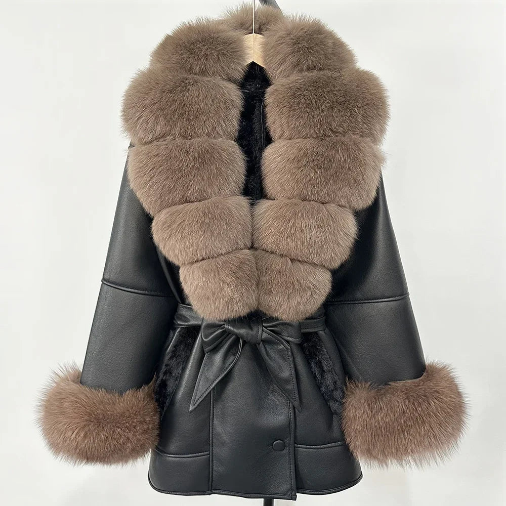 OFTBUY Real Fox Fur Jacket Lamb Fur Ladies 2025 Large Fur Coat Women Faux Leather Jacket New Autumn Winter Warm Outwear Tops