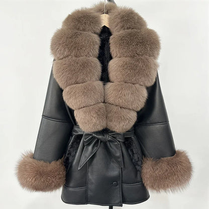 OFTBUY Real Fox Fur Jacket Lamb Fur Ladies 2025 Large Fur Coat Women Faux Leather Jacket New Autumn Winter Warm Outwear Tops