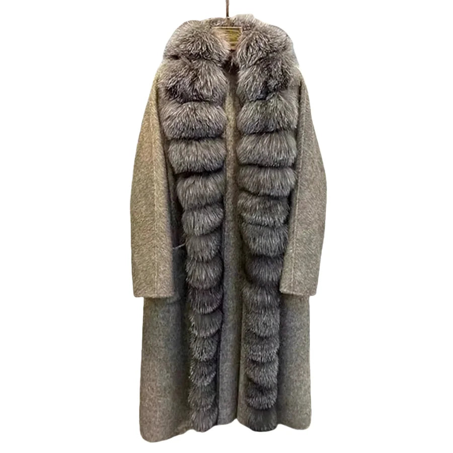 Women's Winter Jacket Natural Fox Fur Coat Wool Long Wool Coat With Fox Fur Collar High Quality Warm Woolen Coats