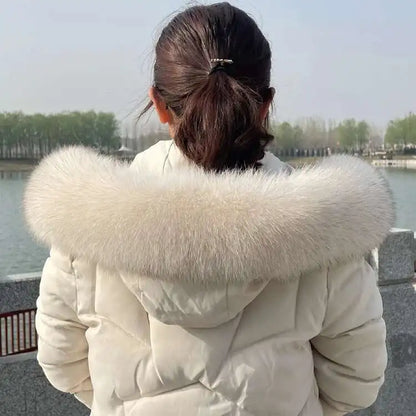 Winter Fox Fur Collar Women Real Fur Shawls Scarf Warm Genuine Leather Grass Down Jacket Cotton-padded Jacket Hood Trims Decor
