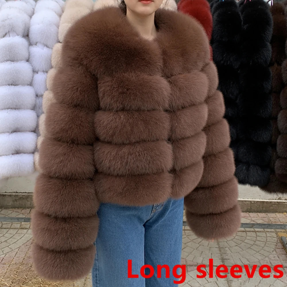 QUEENTINA Fox Fur Coat Long Sleeves Real Winter Women'S Brown 2025 Leather And Skin Clothing Natural New In Coats & Jackets