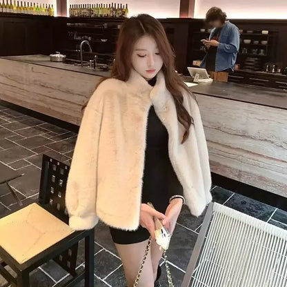 Spring Autumn Lady Short Leather Fur Outwear 2026 Women Fashion Stand Collar Mink Fur Top Female Long Sleeves Fox Jacket