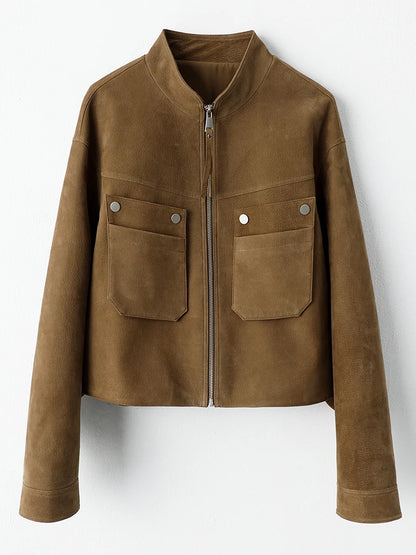 Genuine Leather Cropped Jackets for Women Spring Autumn High-end Simple Stand Collar Deer-patterned Real Goatskin Leather Coat