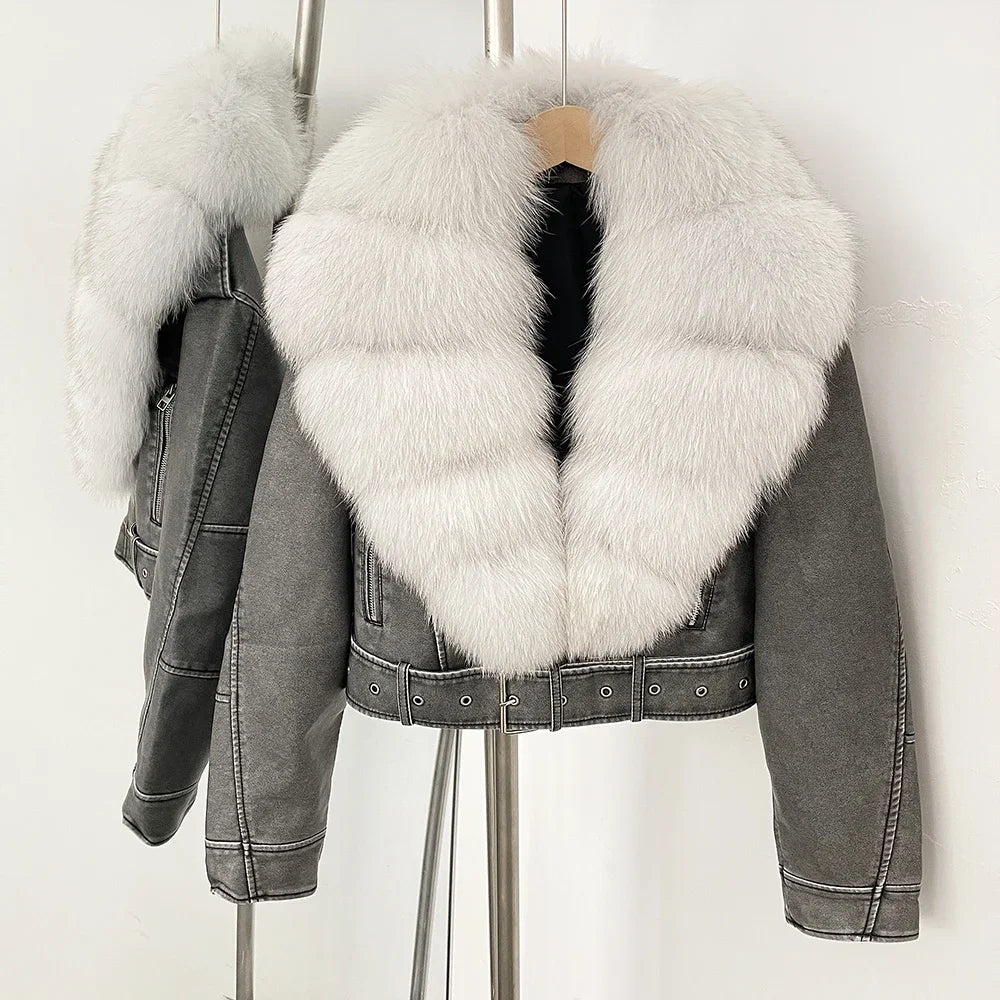 Fake Leather Coat New Natural Fox Fur Autumn Short Faux Leather Jacket Female Spring PU Women Long Sleeve Real Fur Coat Thin