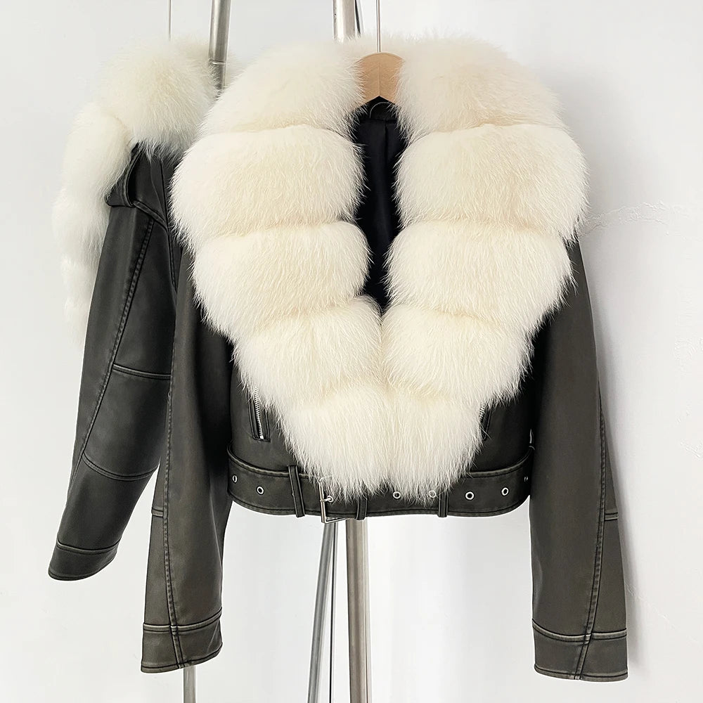 Fake Leather Coat New Natural Fox Fur Autumn Short Faux Leather Jacket Female Spring PU Women Long Sleeve Real Fur Coat Thin