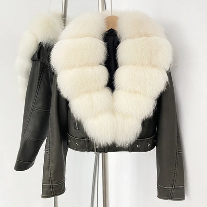 Fake Leather Coat New Natural Fox Fur Autumn Short Faux Leather Jacket Female Spring PU Women Long Sleeve Real Fur Coat Thin