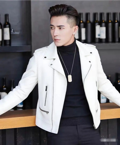 Printed Leather Jacket for Men in Spring Autumn with Lapel Zipper Trend Fashion Loose Casual Pu Leather Jacket