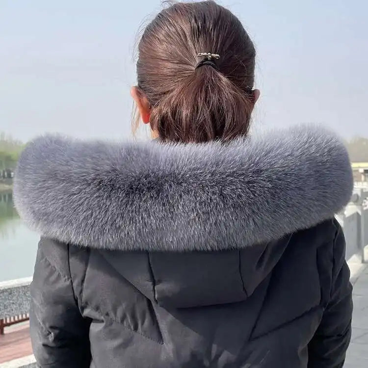 Winter Fox Fur Collar Women Real Fur Shawls Scarf Warm Genuine Leather Grass Down Jacket Cotton-padded Jacket Hood Trims Decor