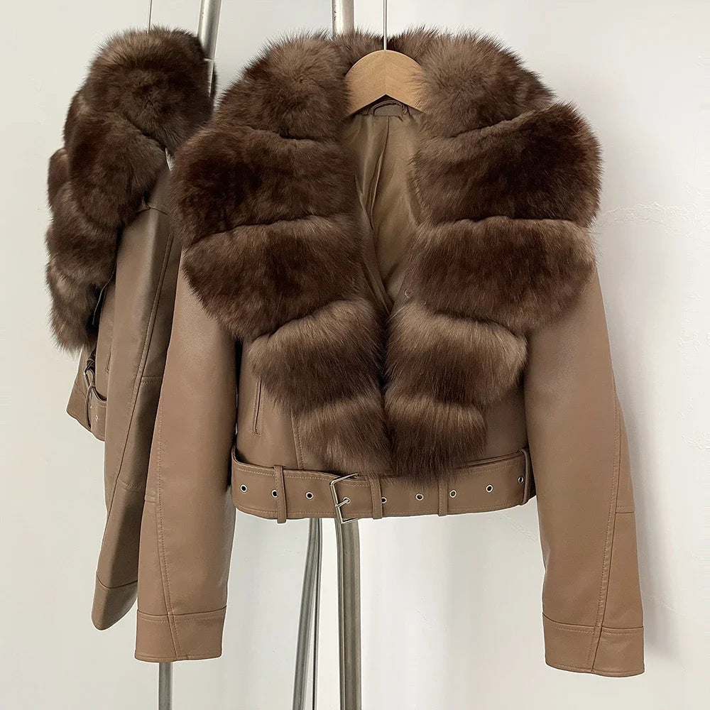 Fake Leather Coat New Natural Fox Fur Autumn Short Faux Leather Jacket Female Spring PU Women Long Sleeve Real Fur Coat Thin