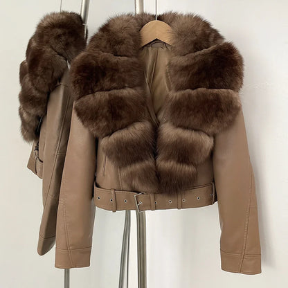 Fake Leather Coat New Natural Fox Fur Autumn Short Faux Leather Jacket Female Spring PU Women Long Sleeve Real Fur Coat Thin