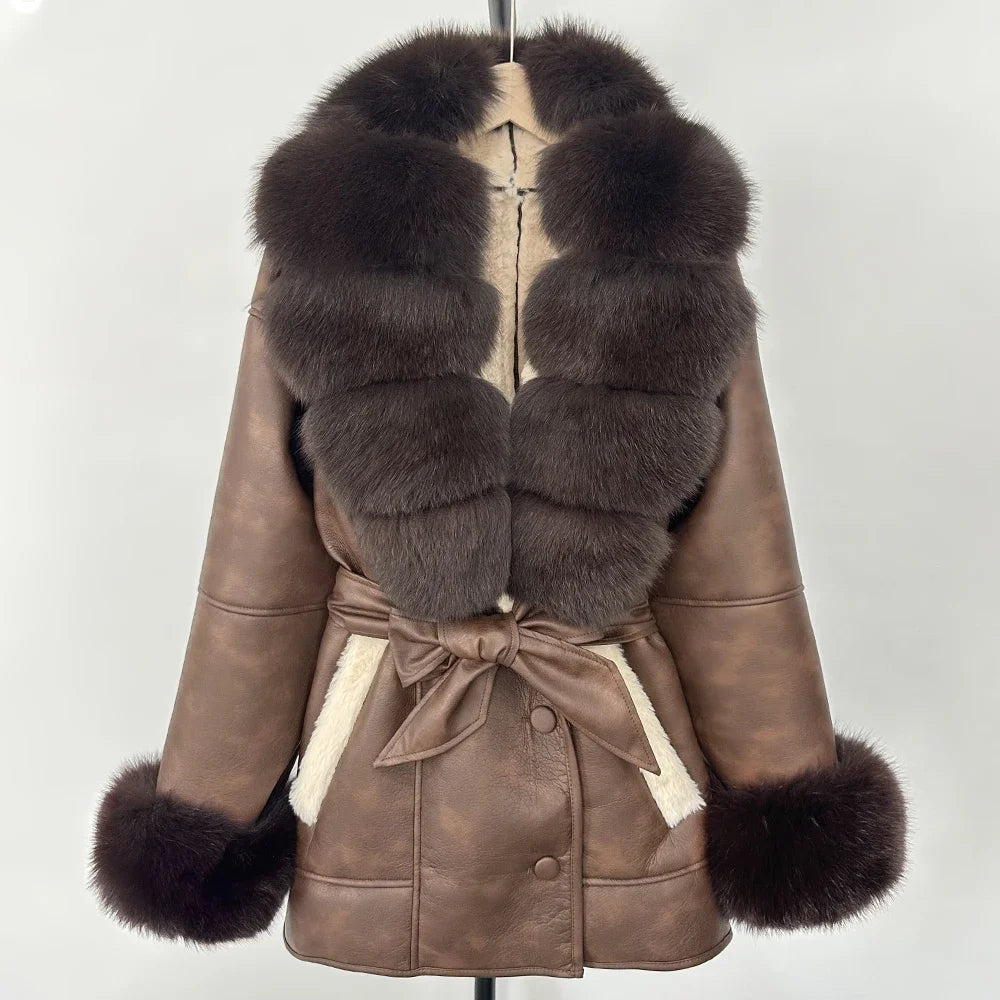 OFTBUY Real Fox Fur Jacket Lamb Fur Ladies 2025 Large Fur Coat Women Faux Leather Jacket New Autumn Winter Warm Outwear Tops