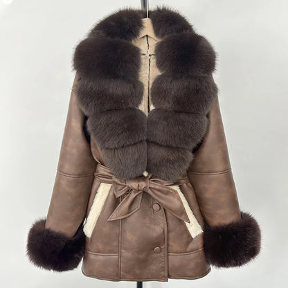 OFTBUY Real Fox Fur Jacket Lamb Fur Ladies 2025 Large Fur Coat Women Faux Leather Jacket New Autumn Winter Warm Outwear Tops
