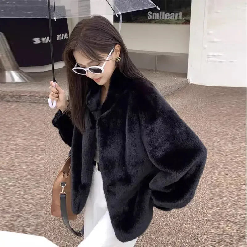 Spring Autumn Lady Short Leather Fur Outwear 2026 Women Fashion Stand Collar Mink Fur Top Female Long Sleeves Fox Jacket