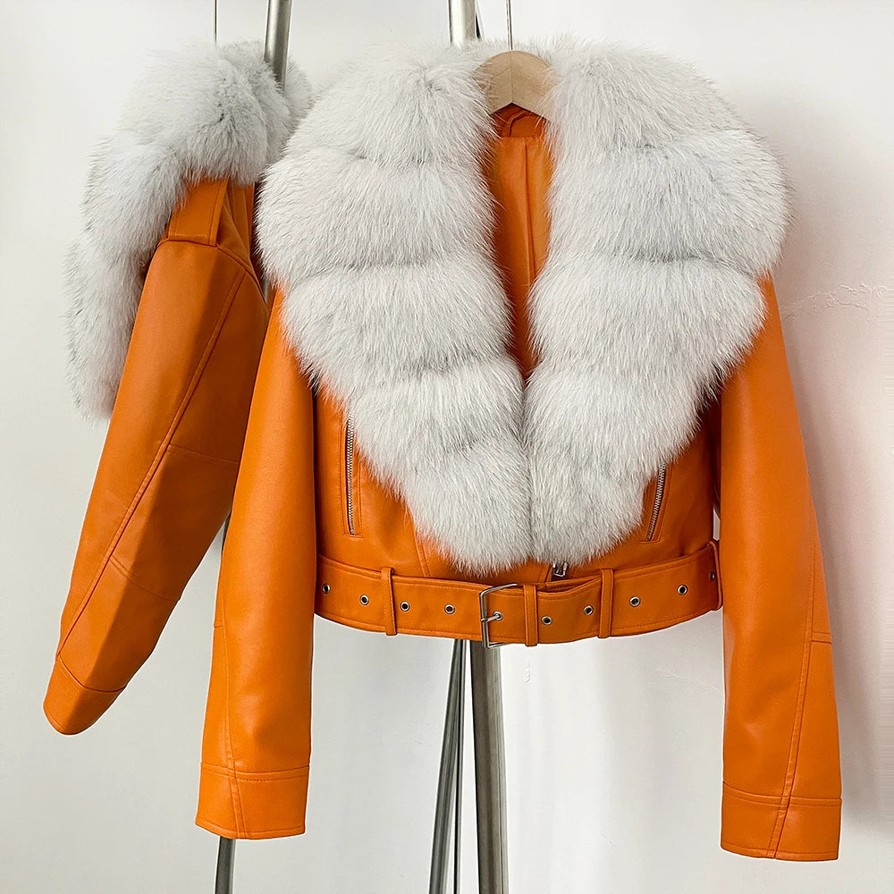 Fake Leather Coat New Natural Fox Fur Autumn Short Faux Leather Jacket Female Spring PU Women Long Sleeve Real Fur Coat Thin
