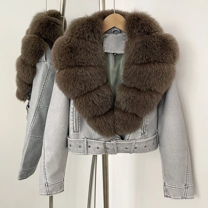 Fake Leather Coat New Natural Fox Fur Autumn Short Faux Leather Jacket Female Spring PU Women Long Sleeve Real Fur Coat Thin