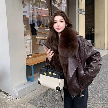 OFTBUY Women's Detachable Real Fox Fur Collar Goose Down Jacket New Winter Top Clothes Oil Wax Faux Leather Puffer Coat Female