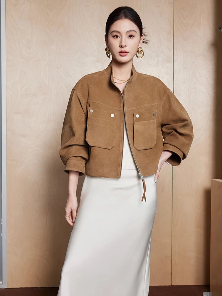 Genuine Leather Cropped Jackets for Women Spring Autumn High-end Simple Stand Collar Deer-patterned Real Goatskin Leather Coat