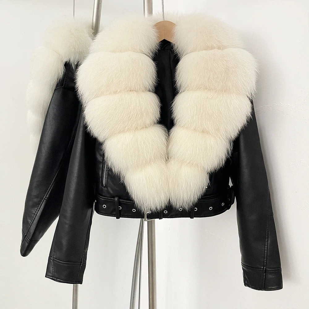 Fake Leather Coat New Natural Fox Fur Autumn Short Faux Leather Jacket Female Spring PU Women Long Sleeve Real Fur Coat Thin