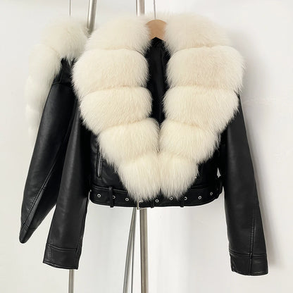 Fake Leather Coat New Natural Fox Fur Autumn Short Faux Leather Jacket Female Spring PU Women Long Sleeve Real Fur Coat Thin