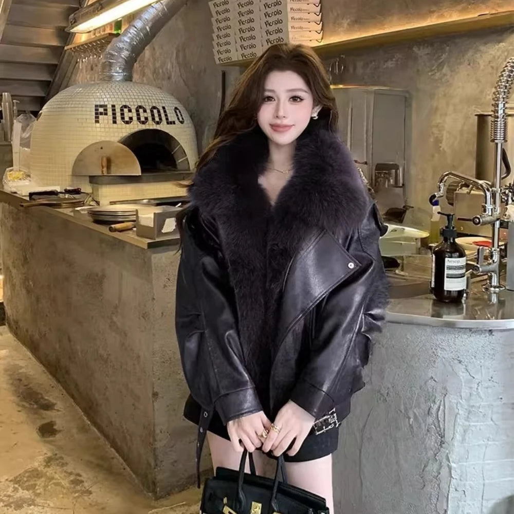 OFTBUY Women's Detachable Real Fox Fur Collar Goose Down Jacket New Winter Top Clothes Oil Wax Faux Leather Puffer Coat Female