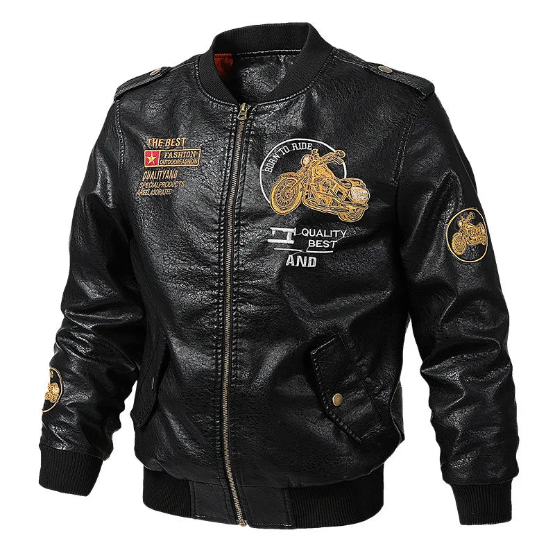 PU Leather Jacket Men Autumn Winter New Fashion Thicken Fleece Motorcycle Windproof Coats Youth Baseball Embroidered Jacket Male