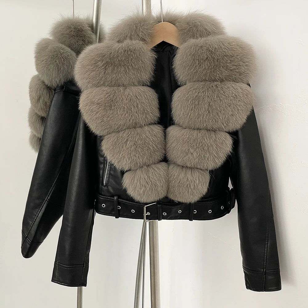 Fake Leather Coat New Natural Fox Fur Autumn Short Faux Leather Jacket Female Spring PU Women Long Sleeve Real Fur Coat Thin