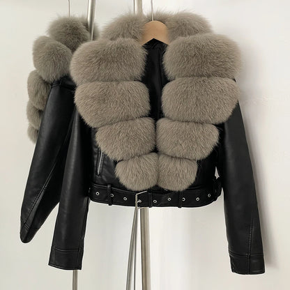 Fake Leather Coat New Natural Fox Fur Autumn Short Faux Leather Jacket Female Spring PU Women Long Sleeve Real Fur Coat Thin