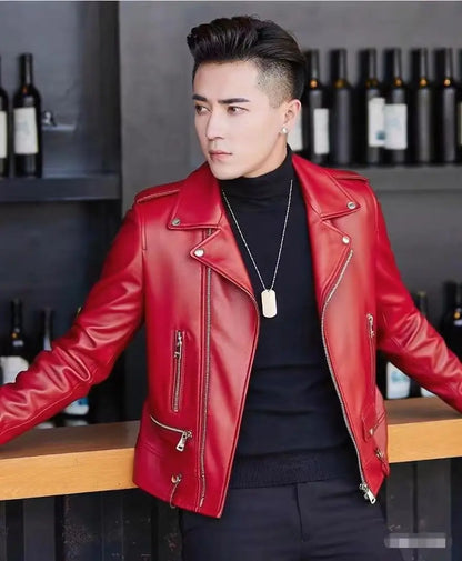 Printed Leather Jacket for Men in Spring Autumn with Lapel Zipper Trend Fashion Loose Casual Pu Leather Jacket
